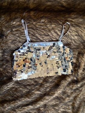 Wild Fable Sequin Spaghetti Strap Crop Tank-Silver Glam-XS